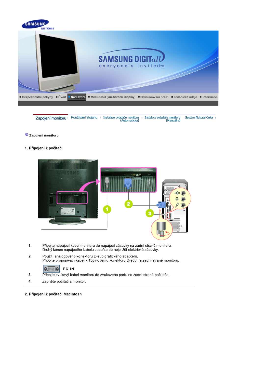 Samsung LS17MCASS/EDC manual Připojení k počítači Macintosh 