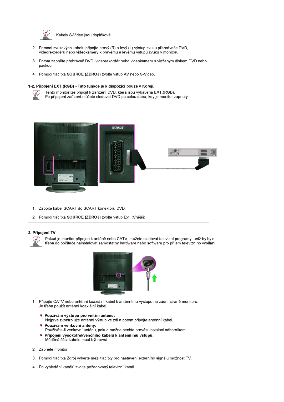 Samsung LS17MCASS/EDC Připojení EXT.RGB Tato funkce je k dispozici pouze v Koreji, Připojení TV, Používání venkovní antény 