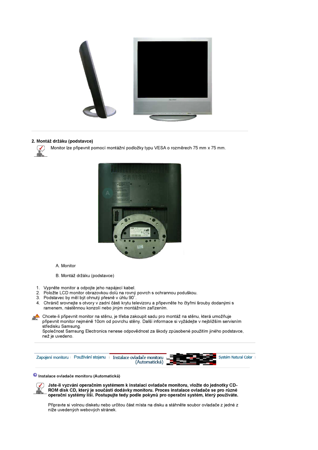 Samsung LS17MCASS/EDC manual Montáž držáku podstavce 