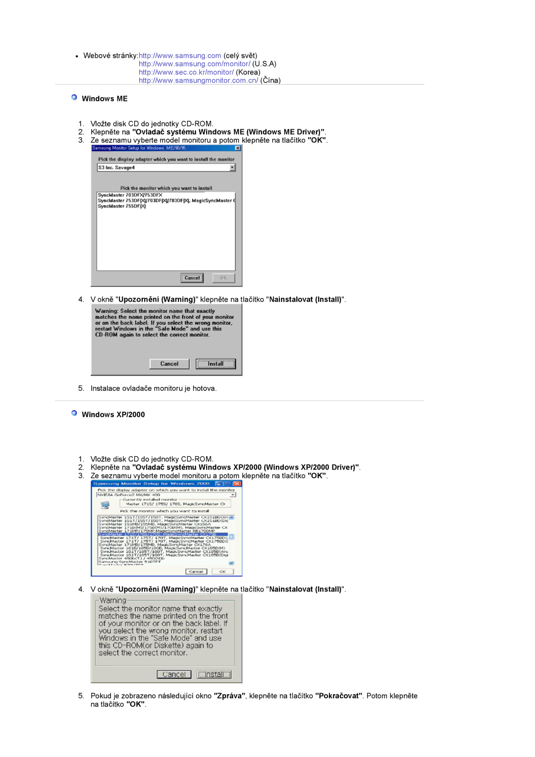 Samsung LS17MCASS/EDC manual Klepněte na Ovladač systému Windows ME Windows ME Driver, Windows XP/2000 