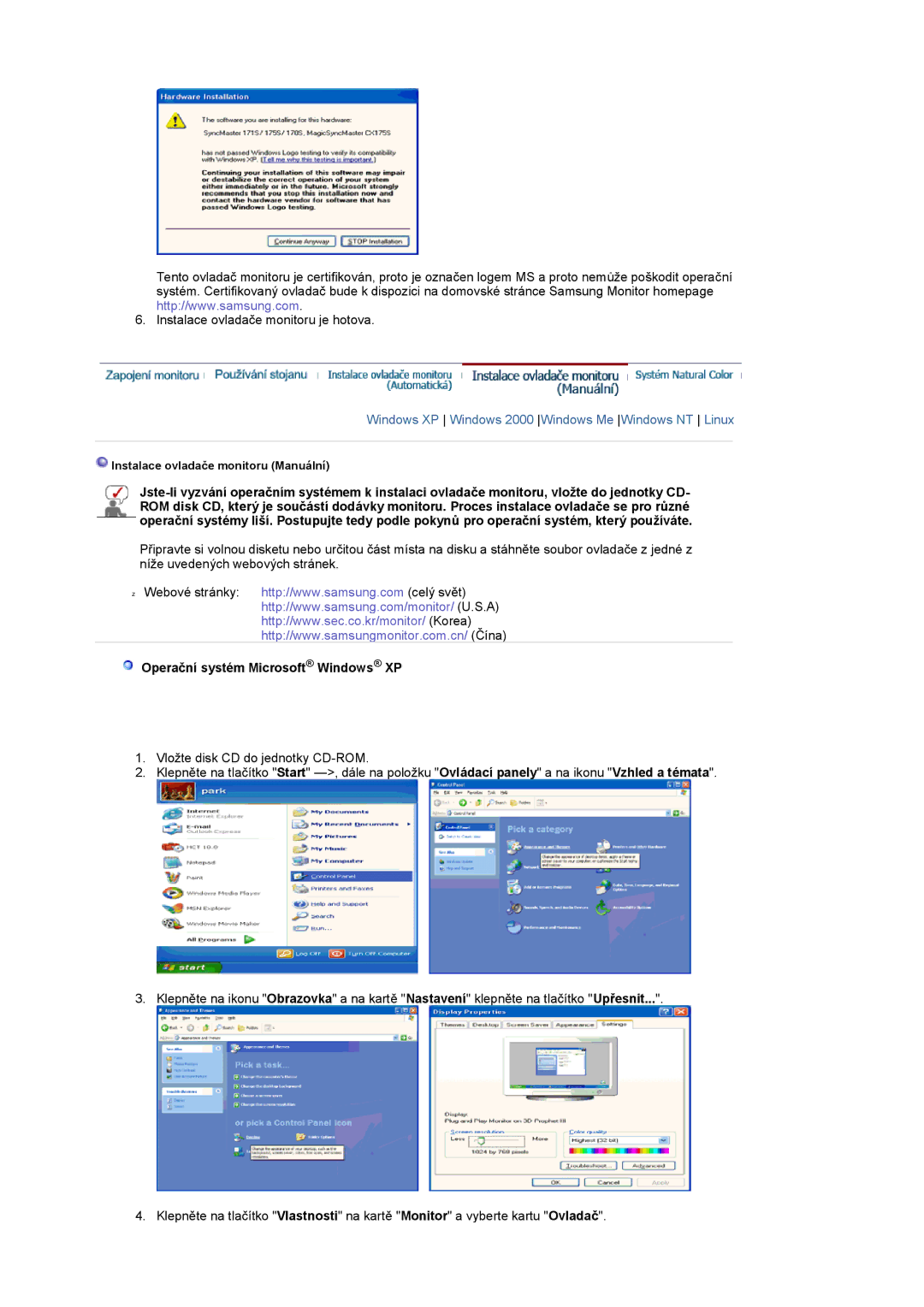 Samsung LS17MCASS/EDC manual Windows XP Windows 2000 Windows Me Windows NT Linux, Operační systém Microsoft Windows XP 