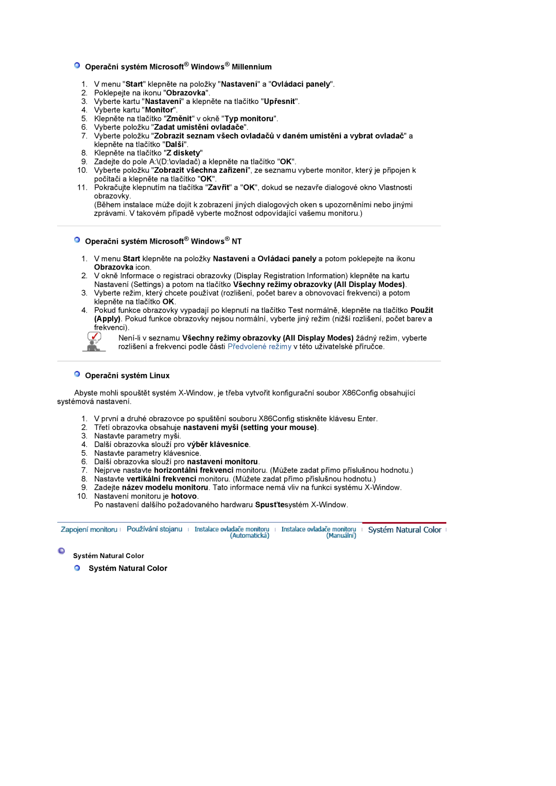 Samsung LS17MCASS/EDC manual Operační systém Microsoft Windows Millennium, Operační systém Microsoft Windows NT 