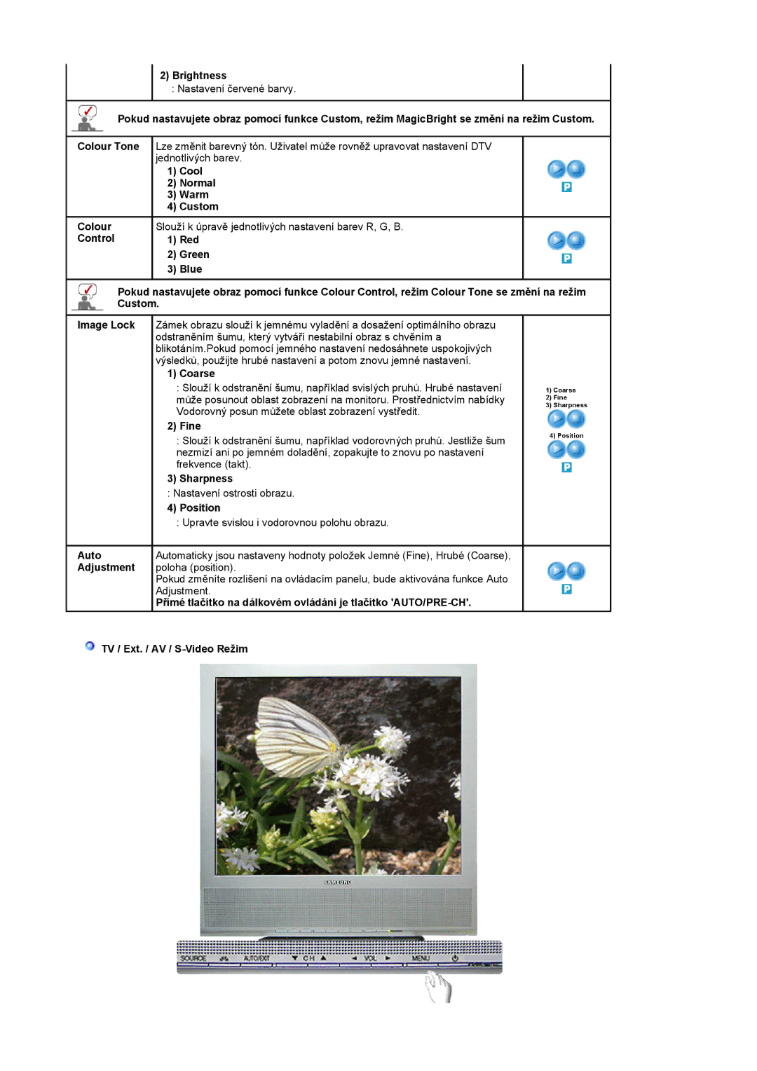 Samsung LS17MCASS/EDC manual Brightness, Cool Normal Warm Custom, Coarse, Fine, Sharpness, Position 