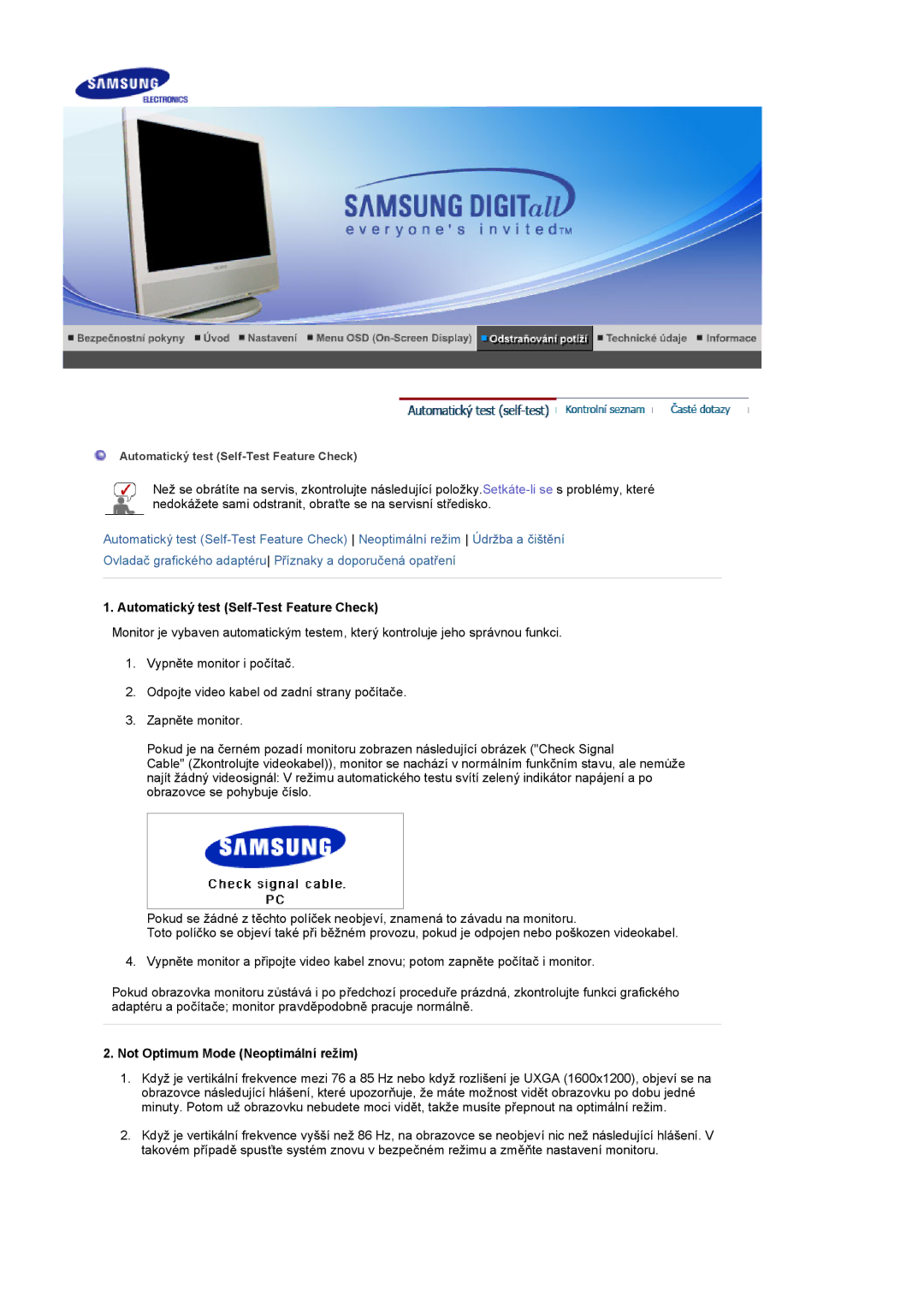 Samsung LS17MCASS/EDC manual Automatický test Self-Test Feature Check, Not Optimum Mode Neoptimální režim 