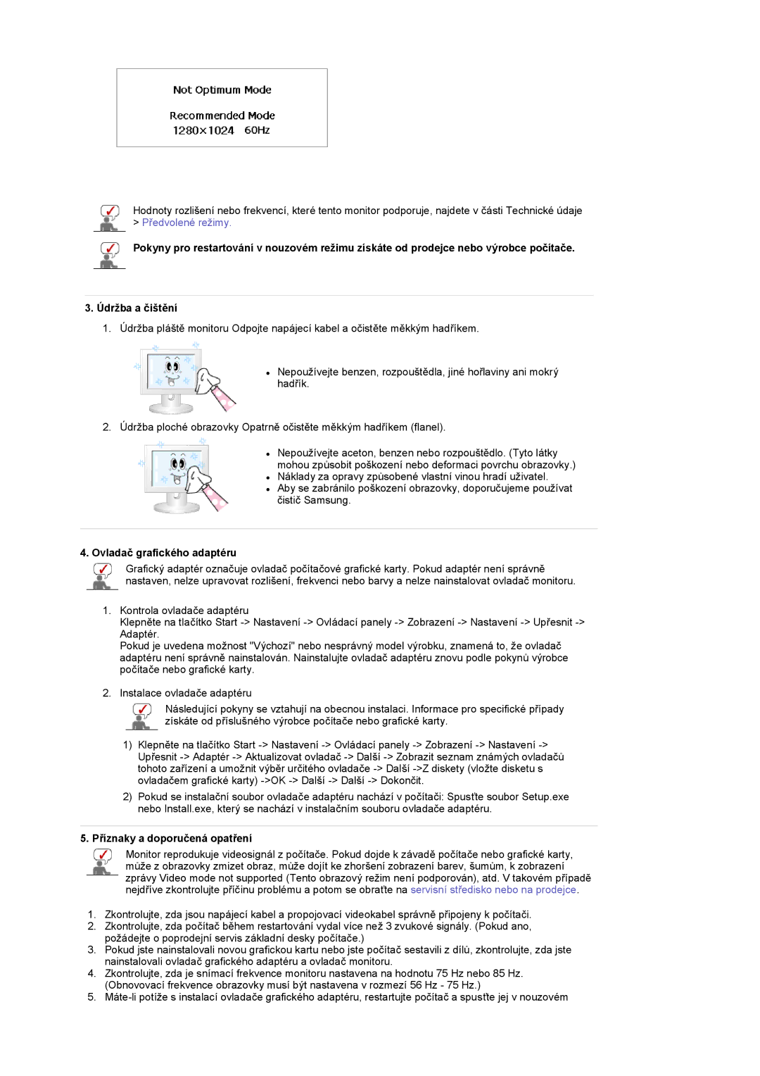 Samsung LS17MCASS/EDC manual Ovladač grafického adaptéru, Příznaky a doporučená opatření 