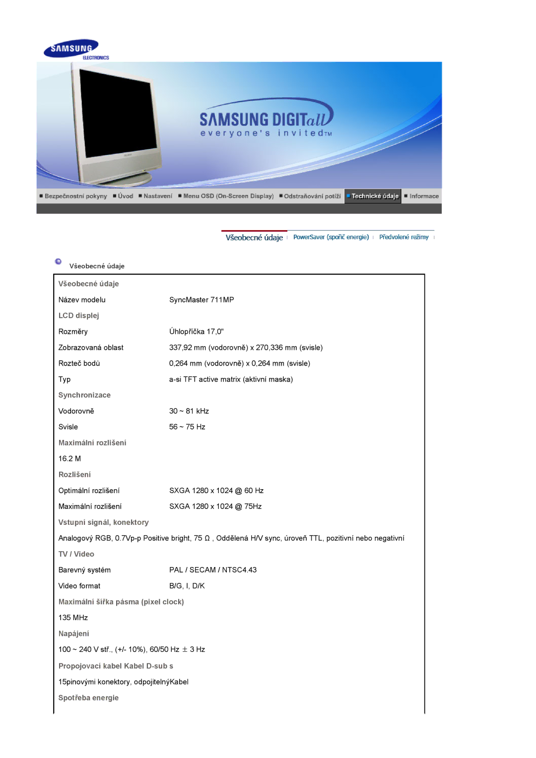 Samsung LS17MCASS/EDC manual Všeobecné údaje 