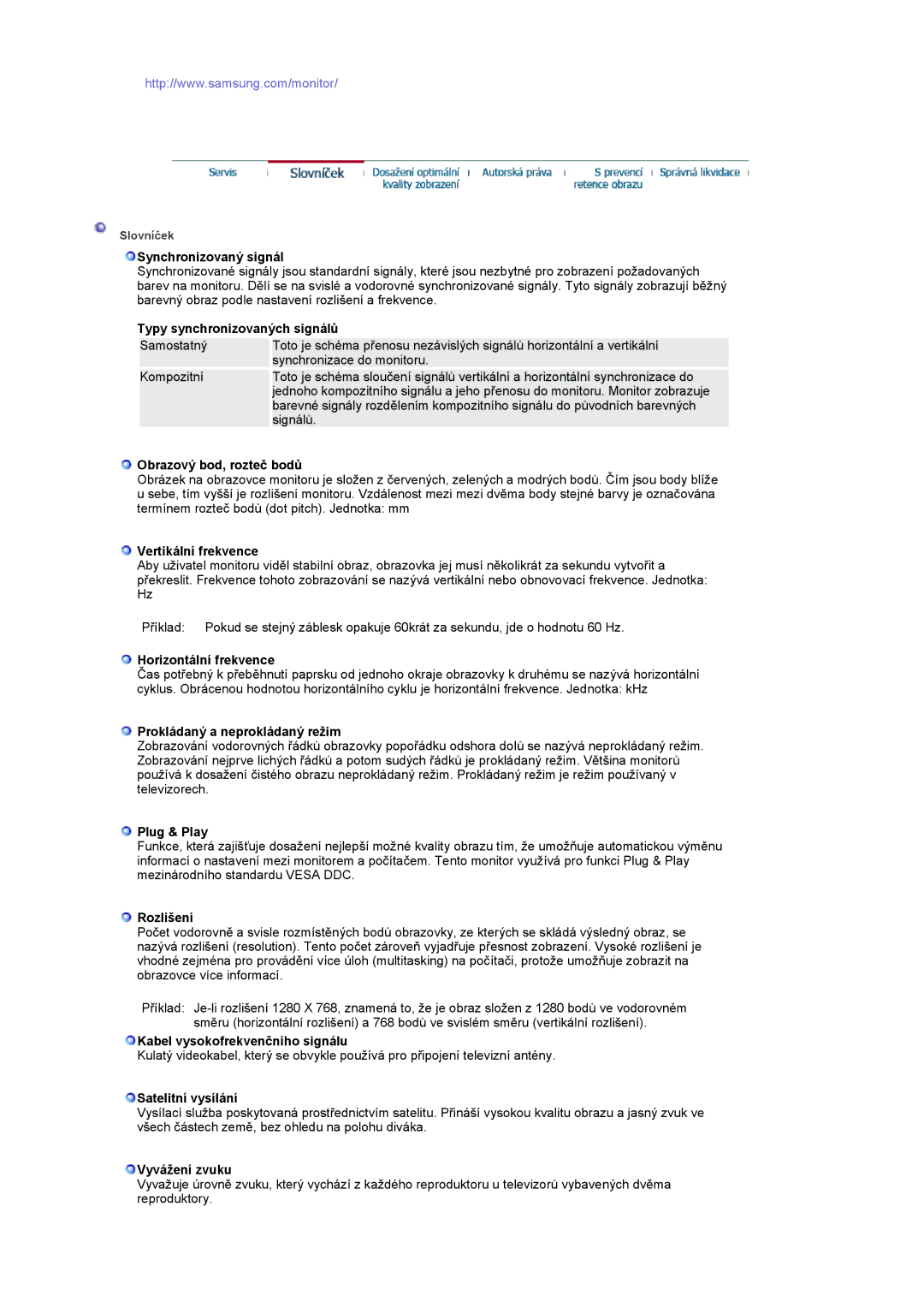 Samsung LS17MCASS/EDC manual Synchronizovaný signál, Typy synchronizovaných signálů, Obrazový bod, rozteč bodů, Plug & Play 