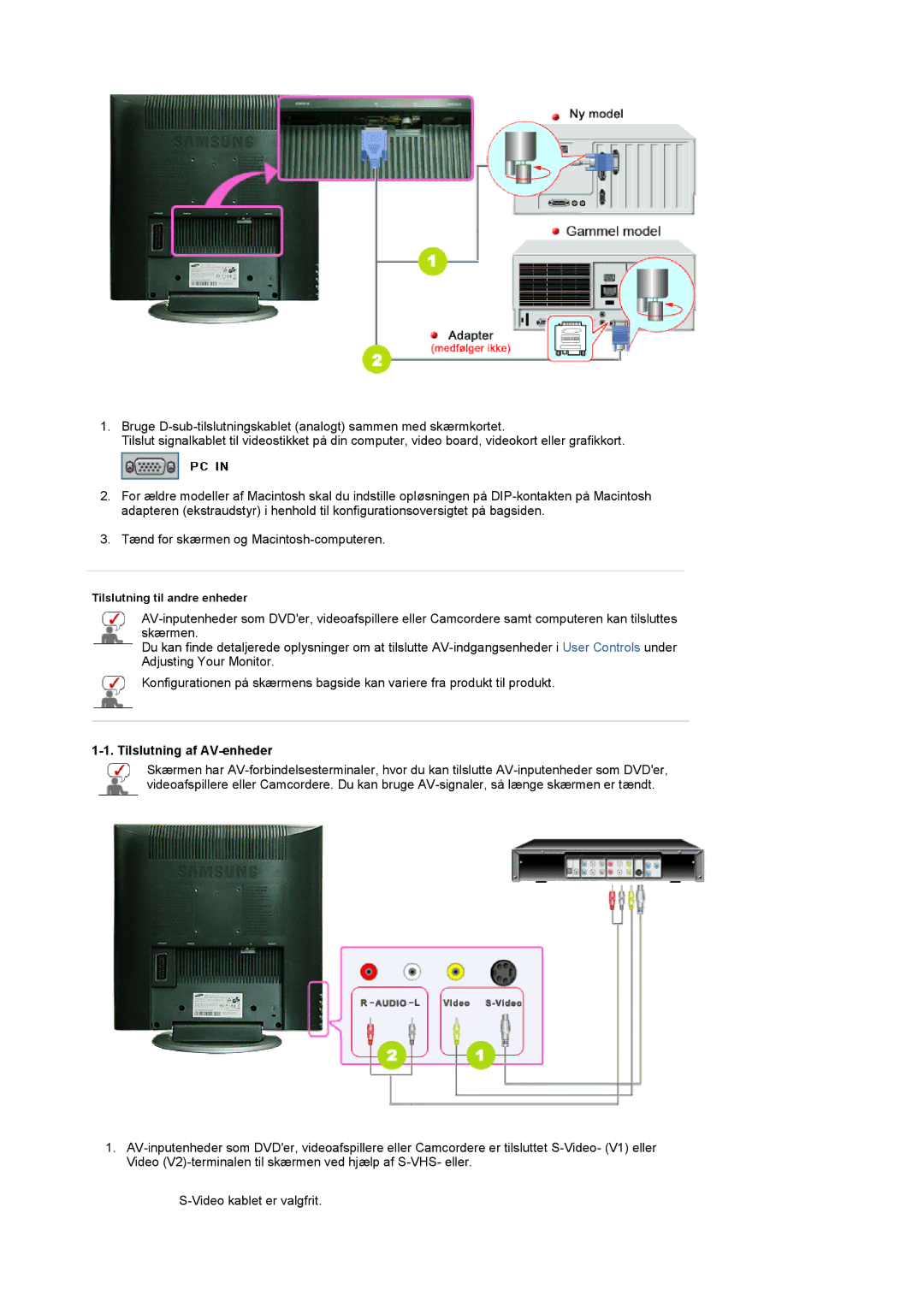 Samsung LS17MCASS/EDC manual Tilslutning af AV-enheder 