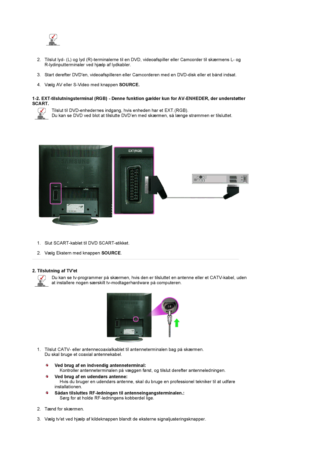 Samsung LS17MCASS/EDC manual Scart, Tilslutning af TVet, Ved brug af en indvendig antenneterminal 