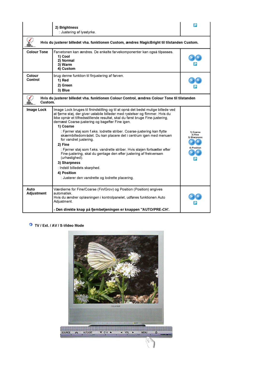 Samsung LS17MCASS/EDC manual Brightness, Cool Normal Warm Custom, Coarse, Fine, Sharpness, Position, Auto, Adjustment 