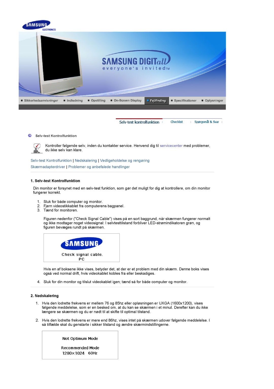 Samsung LS17MCASS/EDC manual Selv-test Kontrolfunktion, Nedskalering 