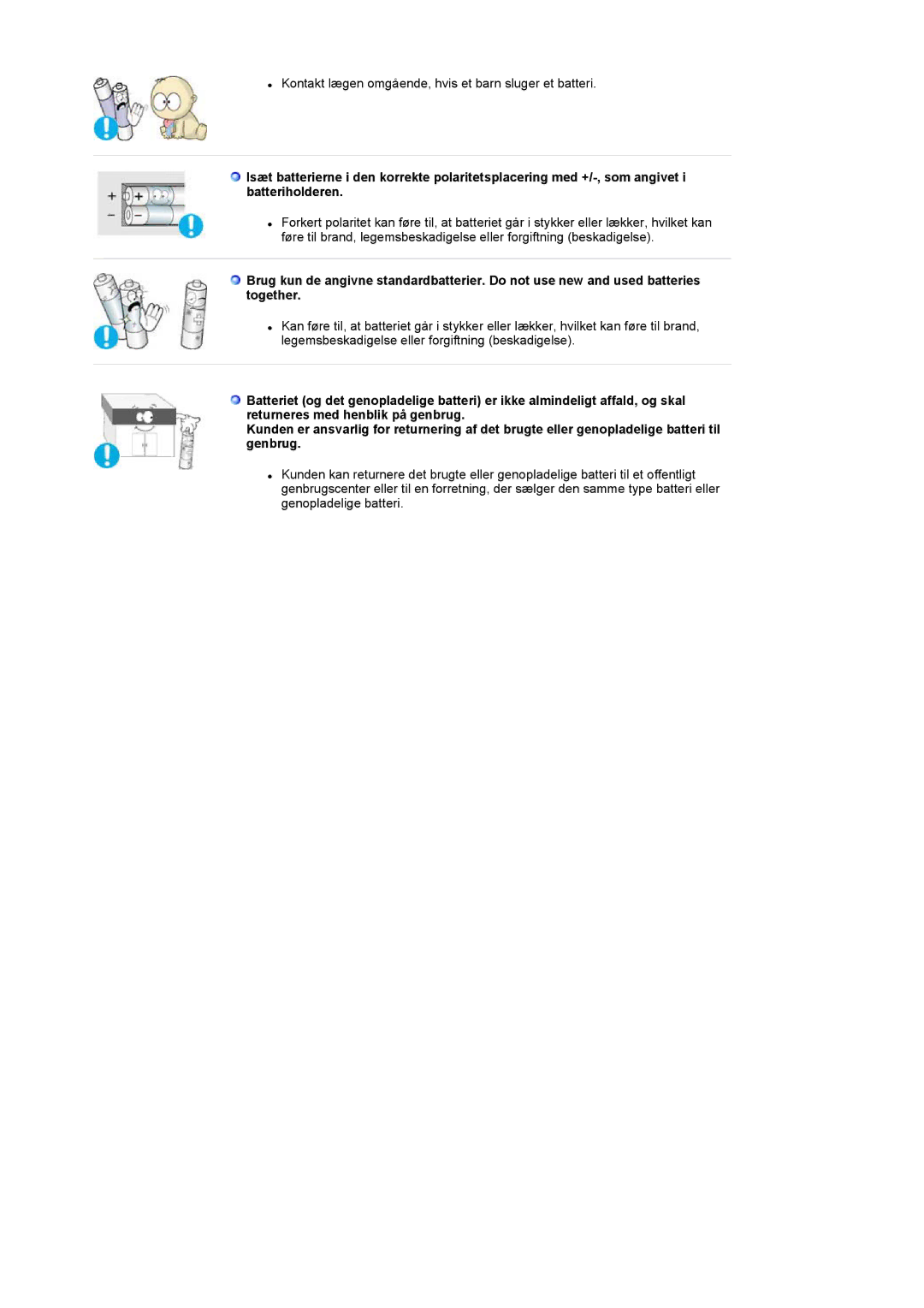 Samsung LS17MCASS/EDC manual Kontakt lægen omgående, hvis et barn sluger et batteri 