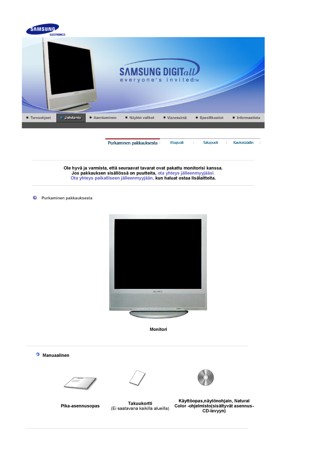 Samsung LS17MCASS/EDC manual Monitori Manuaalinen, Pika-asennusopas, Ei saatavana kaikilla alueilla, CD-levyyn 