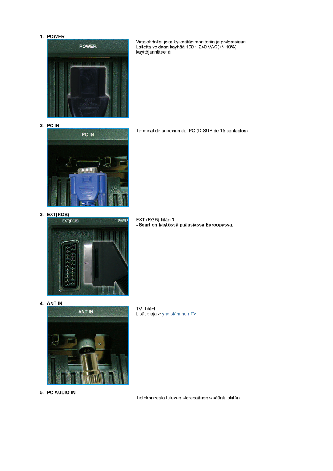 Samsung LS17MCASS/EDC manual Power, Extrgb, Scart on käytössä pääasiassa Euroopassa, Ant, PC Audio 