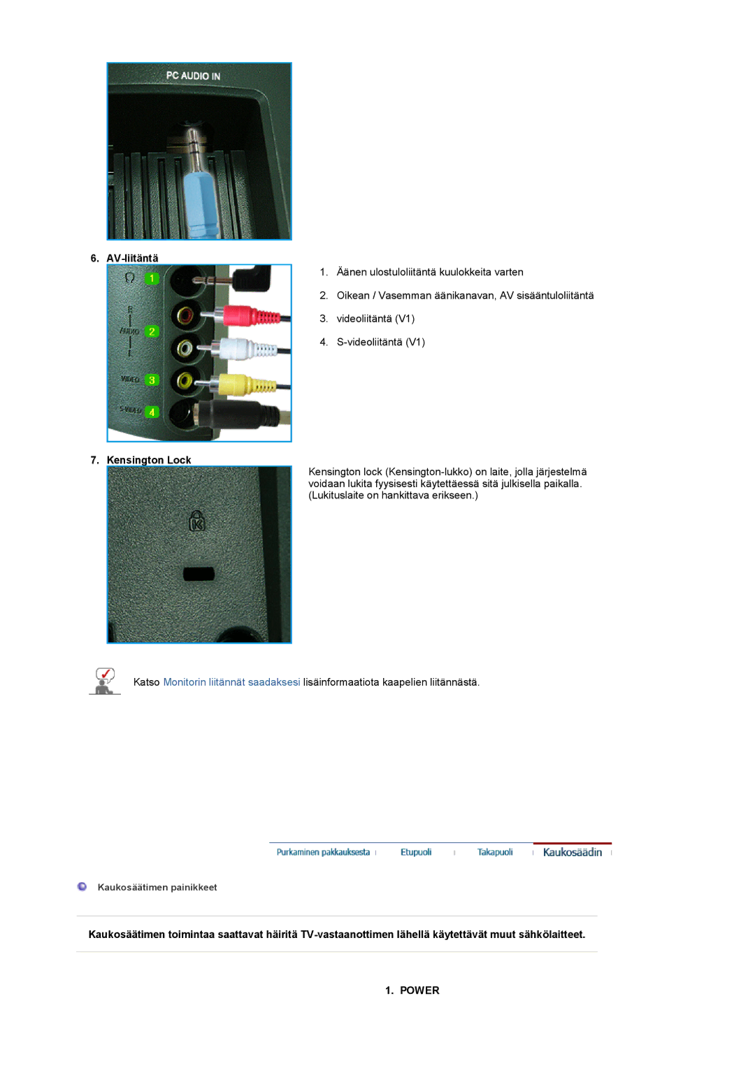 Samsung LS17MCASS/EDC manual AV-liitäntä, Kensington Lock 