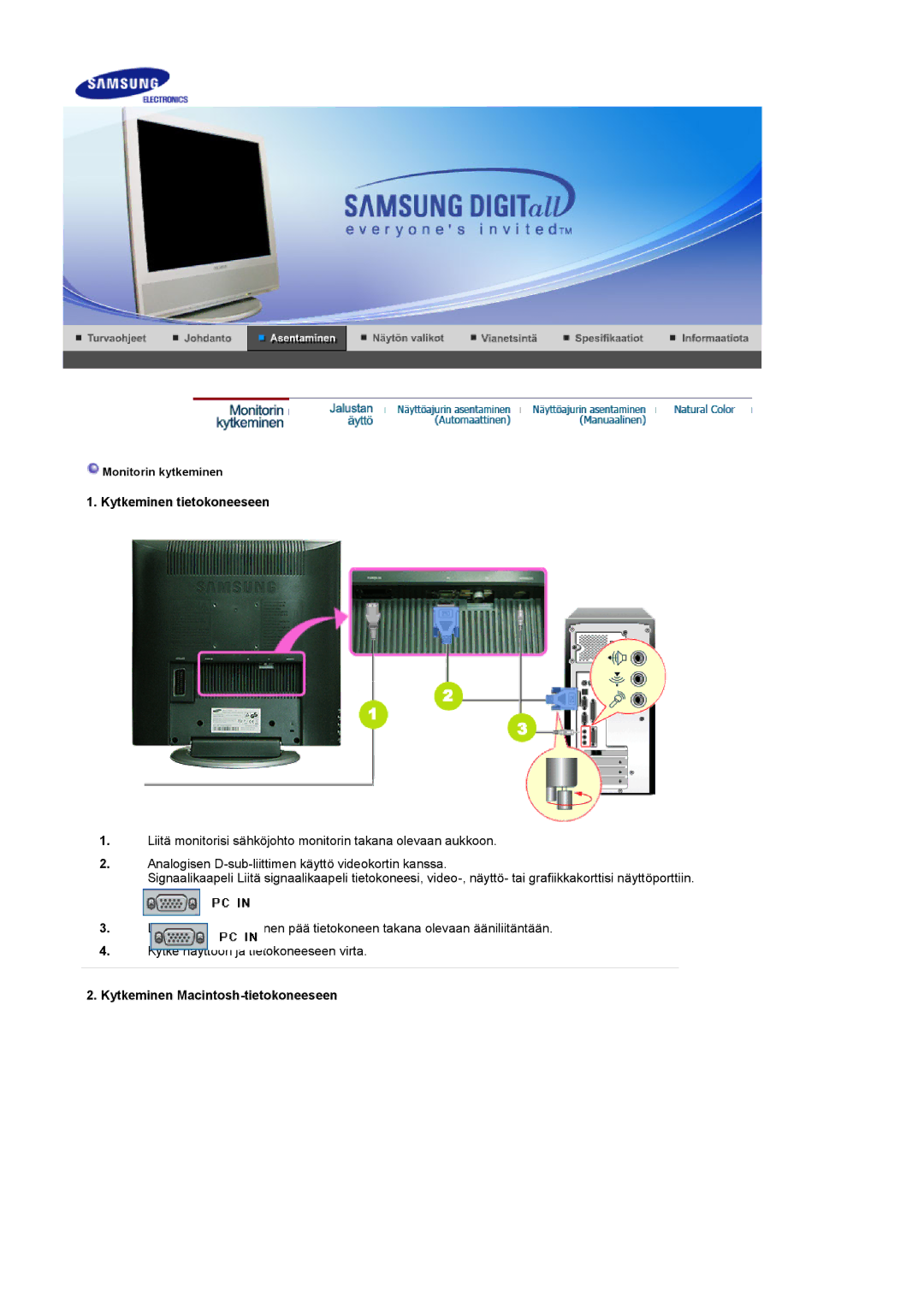 Samsung LS17MCASS/EDC manual Kytkeminen tietokoneeseen, Kytkeminen Macintosh-tietokoneeseen 