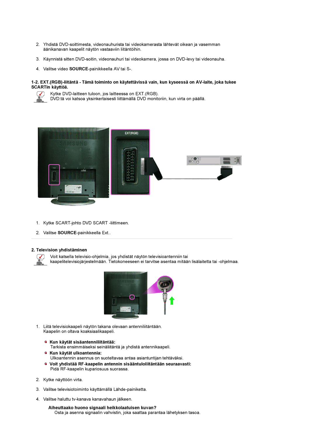 Samsung LS17MCASS/EDC manual Television yhdistäminen, Kun käytät sisäantenniliitäntää, Kun käytät ulkoantennia 