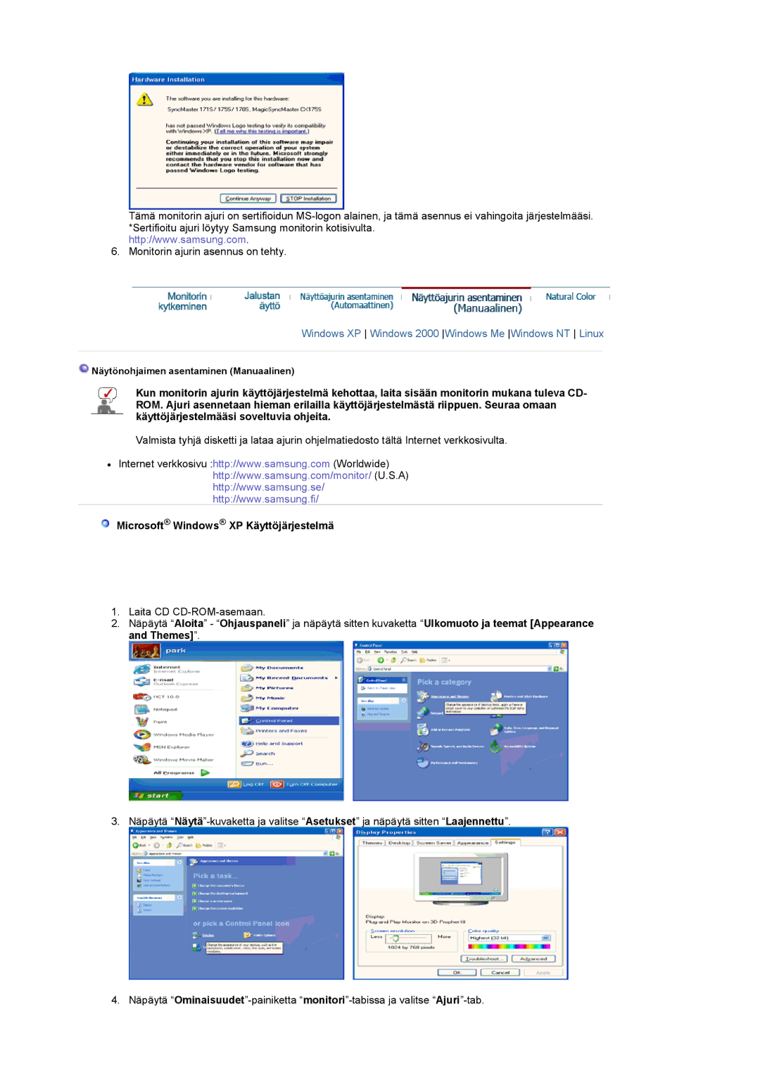 Samsung LS17MCASS/EDC manual Microsoft Windows XP Käyttöjärjestelmä 