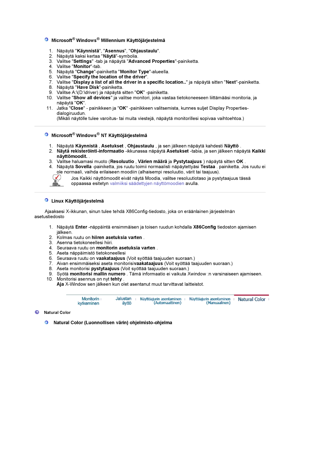 Samsung LS17MCASS/EDC manual Microsoft Windows NT Käyttöjärjestelmä, Linux Käyttöjärjestelmä 