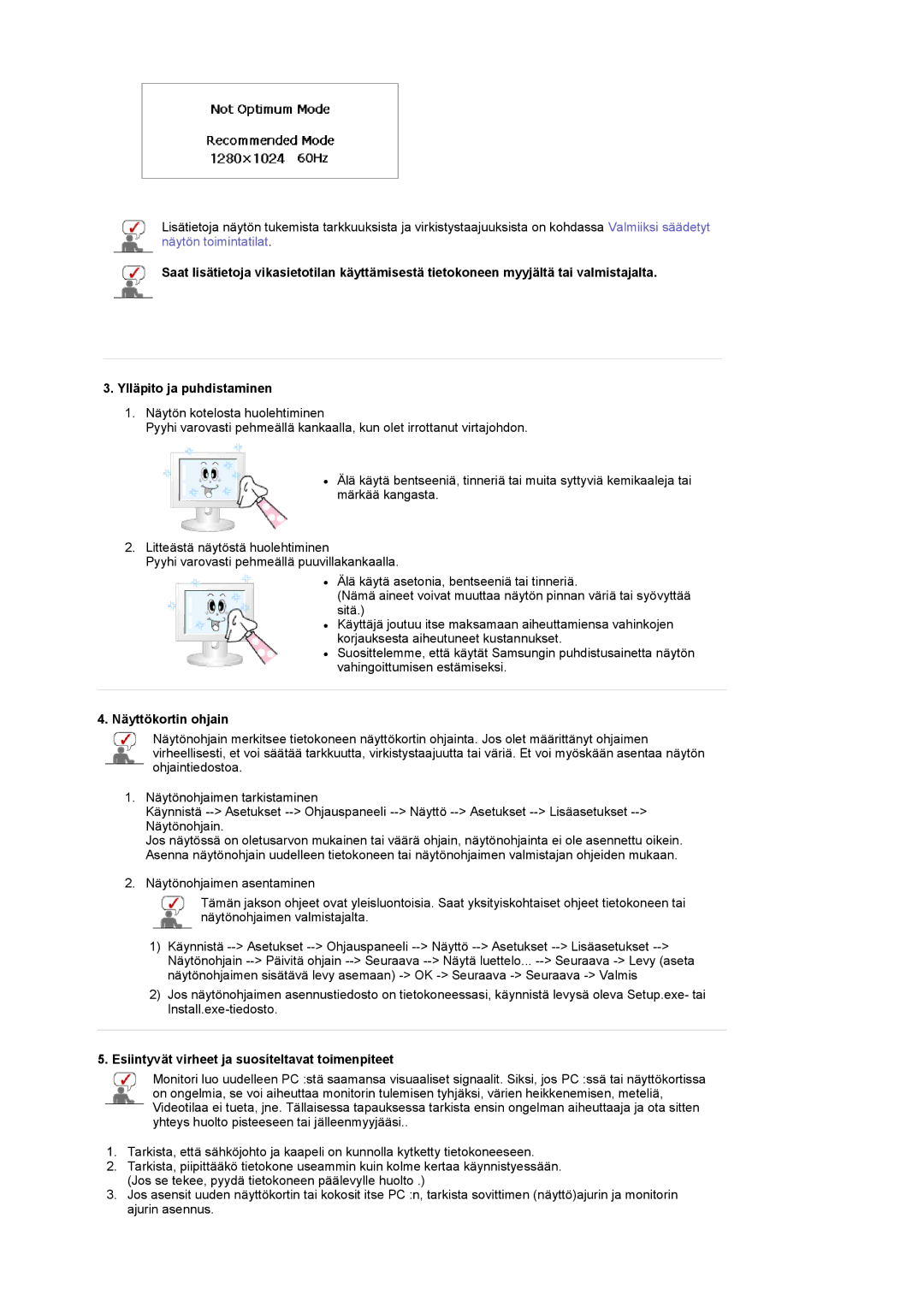 Samsung LS17MCASS/EDC manual Näyttökortin ohjain, Esiintyvät virheet ja suosíteltavat toimenpiteet 