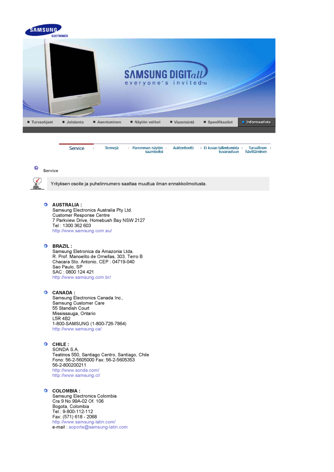 Samsung LS17MCASS/EDC manual Australia Brazil, Canada, Chile Sonda S.A, Colombia 