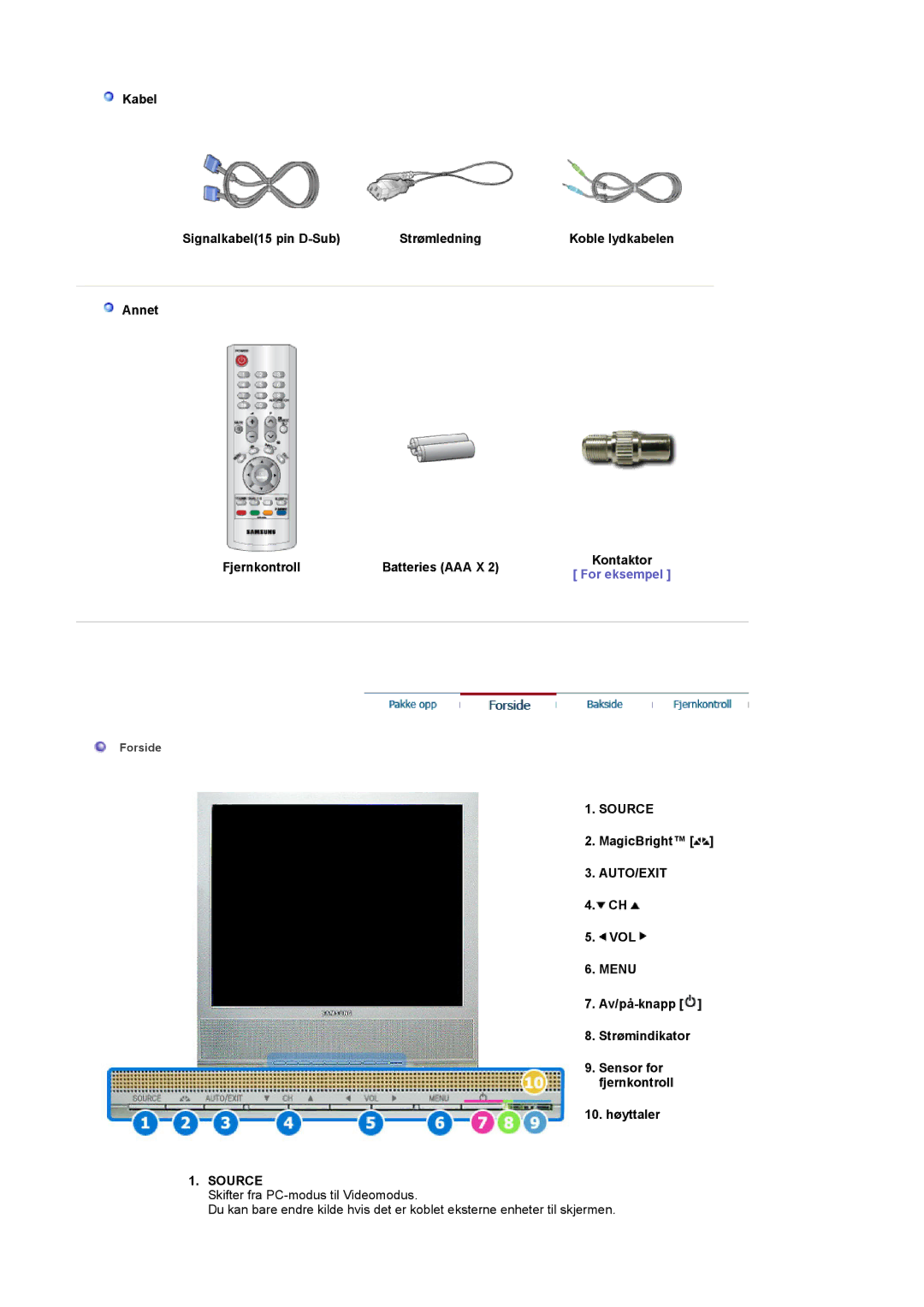 Samsung LS17MCASS/EDC manual Source, Auto/Exit, Menu 