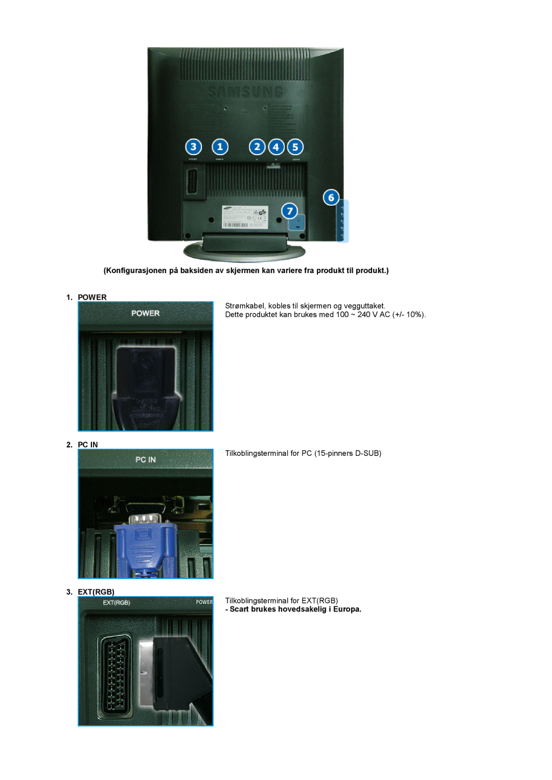 Samsung LS17MCASS/EDC manual Power, Extrgb, Scart brukes hovedsakelig i Europa 