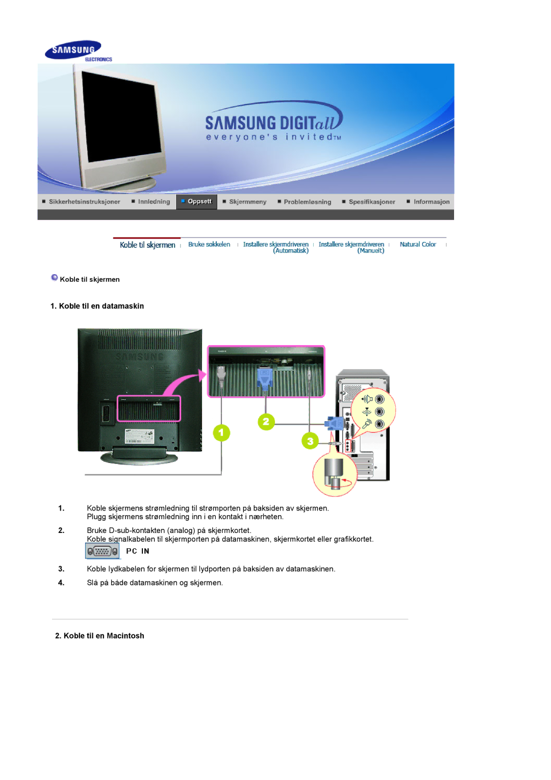 Samsung LS17MCASS/EDC manual Koble til en datamaskin, Koble til en Macintosh 