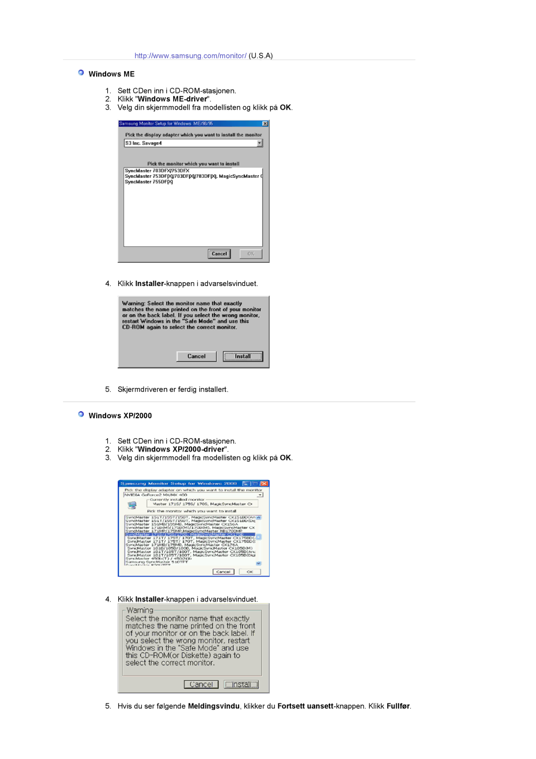 Samsung LS17MCASS/EDC manual Klikk Windows ME-driver, Klikk Windows XP/2000-driver 