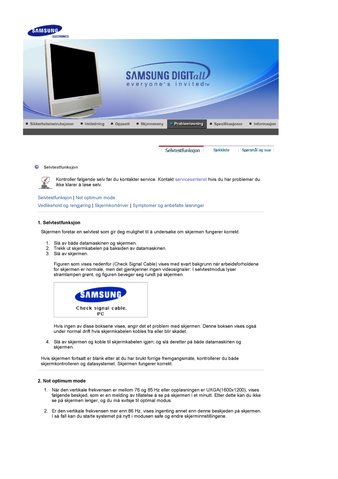 Samsung LS17MCASS/EDC manual Selvtestfunksjon, Not optimum mode 