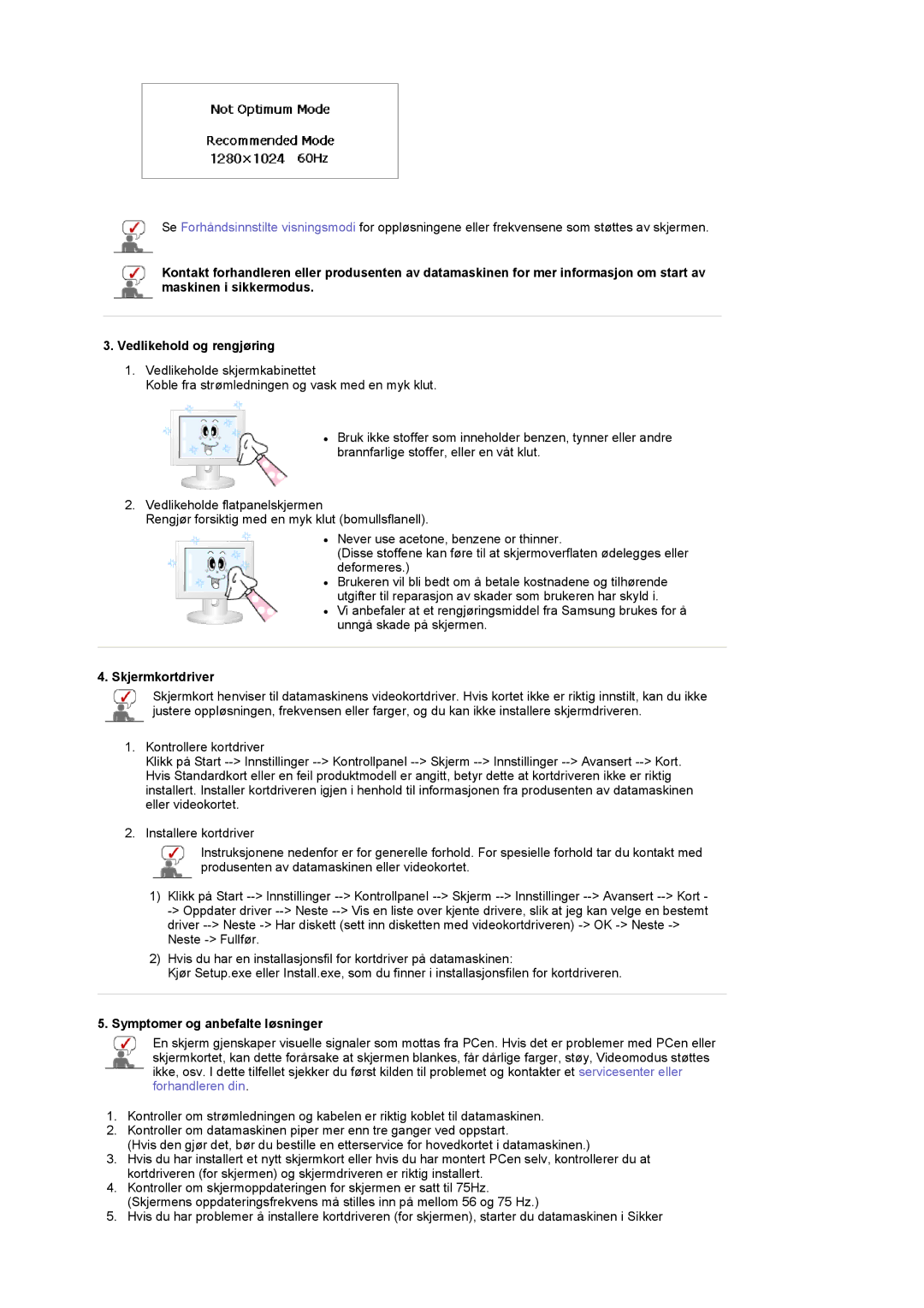 Samsung LS17MCASS/EDC manual Skjermkortdriver, Symptomer og anbefalte løsninger 