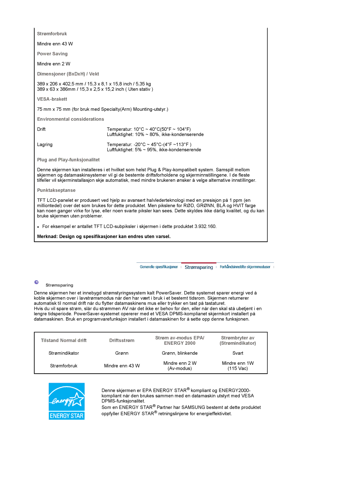 Samsung LS17MCASS/EDC manual Dimensjoner BxDxH / Vekt, Merknad Design og spesifikasjoner kan endres uten varsel 