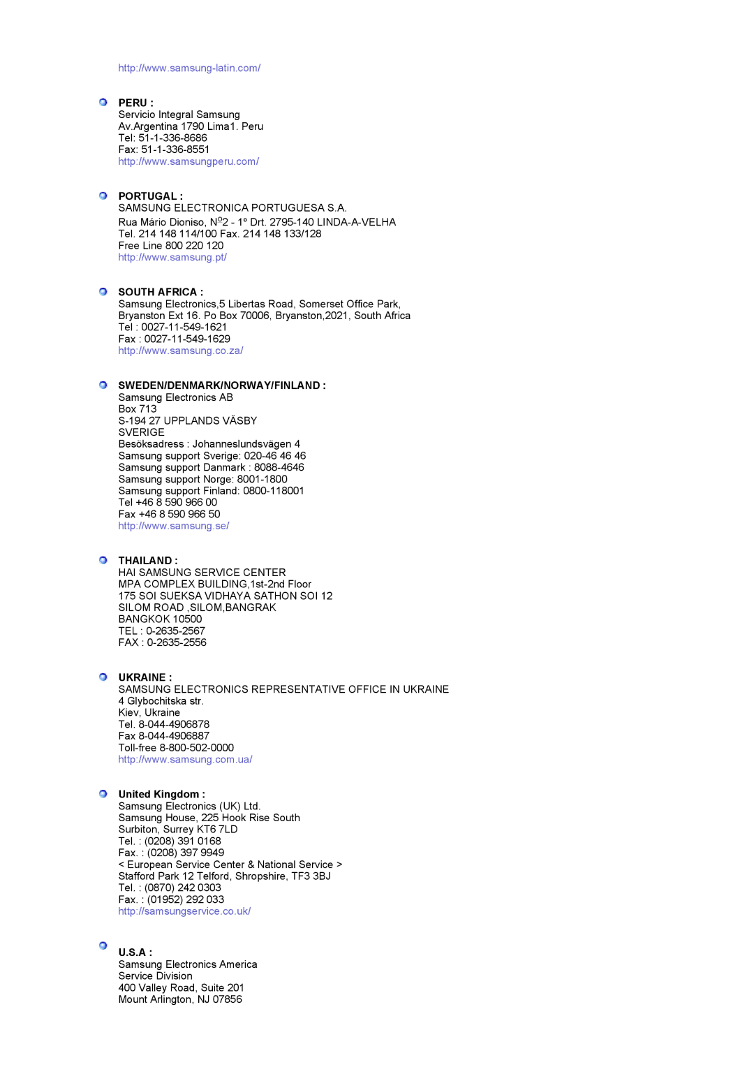 Samsung LS17MCASS/EDC manual Peru, Portugal, South Africa, Sweden/Denmark/Norway/Finland, Thailand, Ukraine 