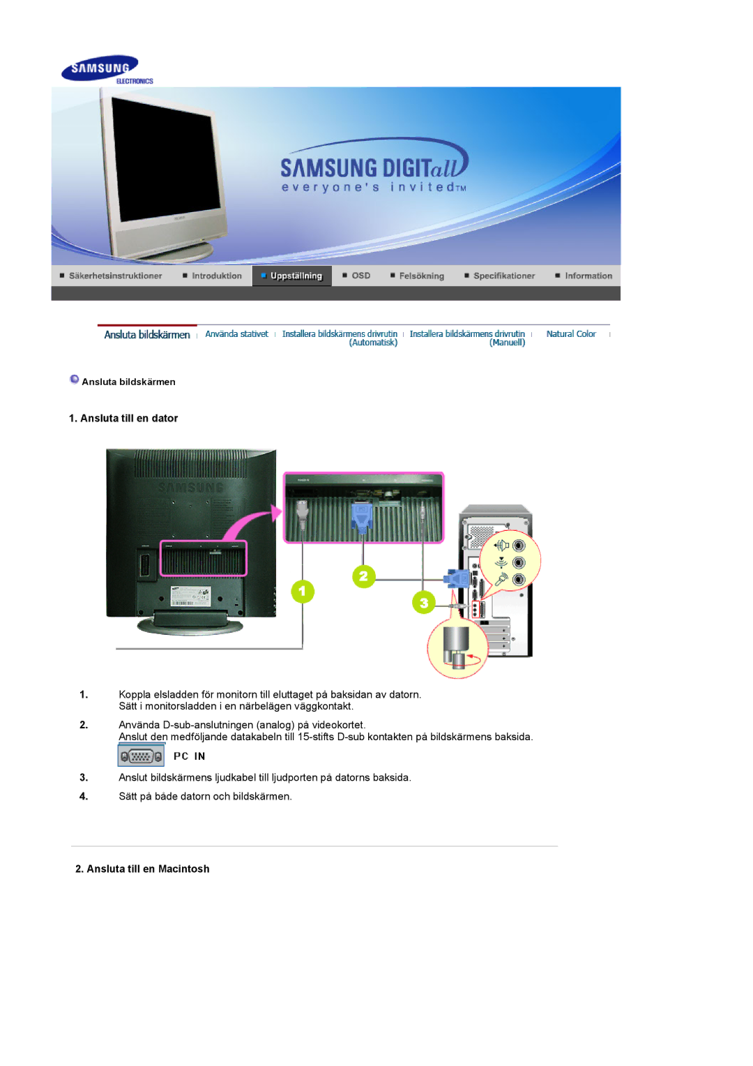 Samsung LS17MCASS/EDC manual Ansluta till en dator, Ansluta till en Macintosh 