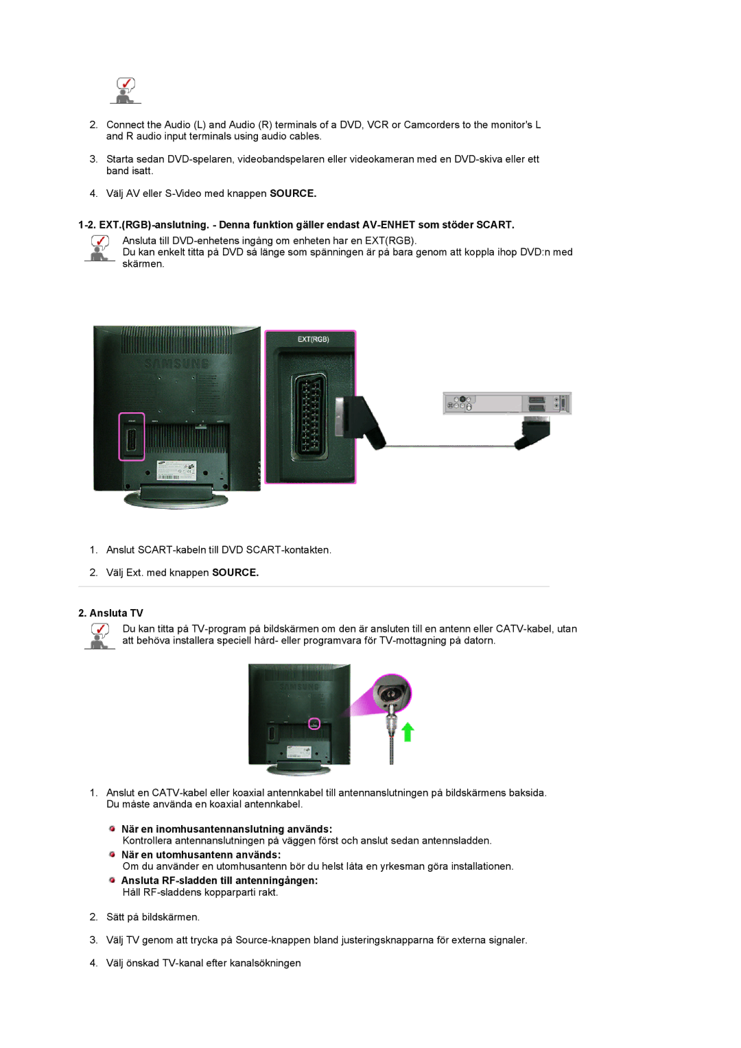 Samsung LS17MCASS/EDC manual Ansluta TV, När en inomhusantennanslutning används, När en utomhusantenn används 