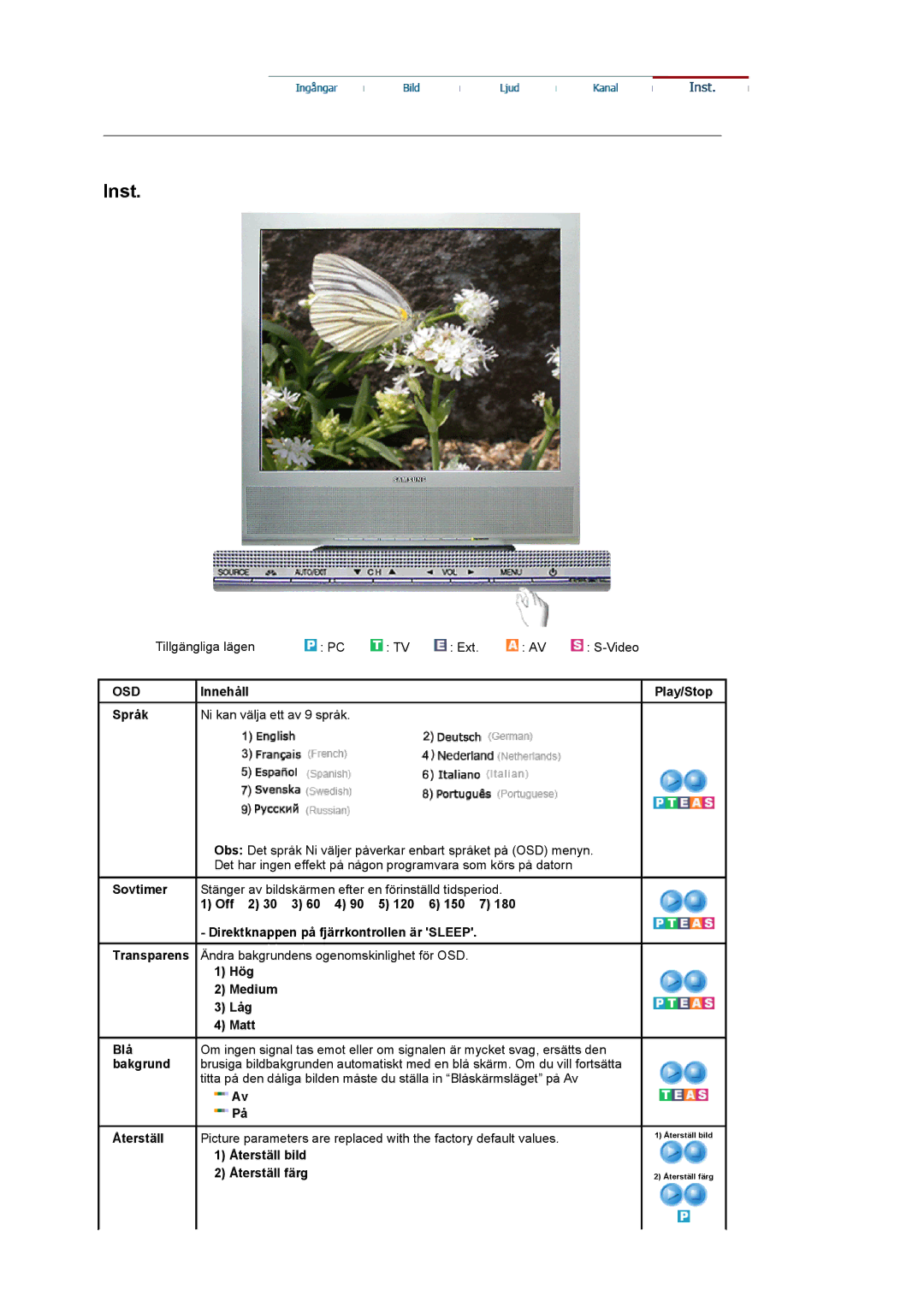 Samsung LS17MCASS/EDC manual Innehåll Språk, Återställ bild Återställ färg Play/Stop 