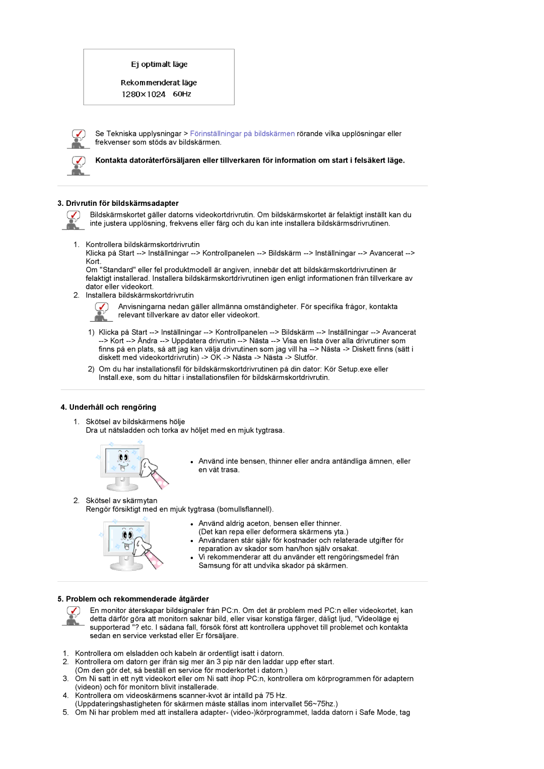 Samsung LS17MCASS/EDC manual Underhåll och rengöring, Problem och rekommenderade åtgärder 