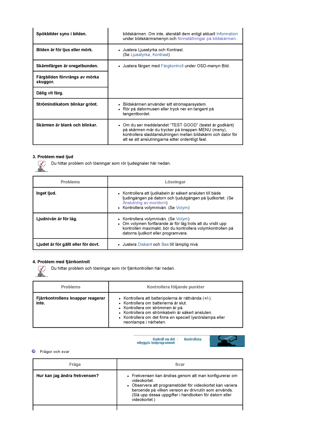 Samsung LS17MCASS/EDC manual Problem med ljud, Inget ljud, Ljudnivån är för låg, Ljudet är för gällt eller för dovt, Inte 