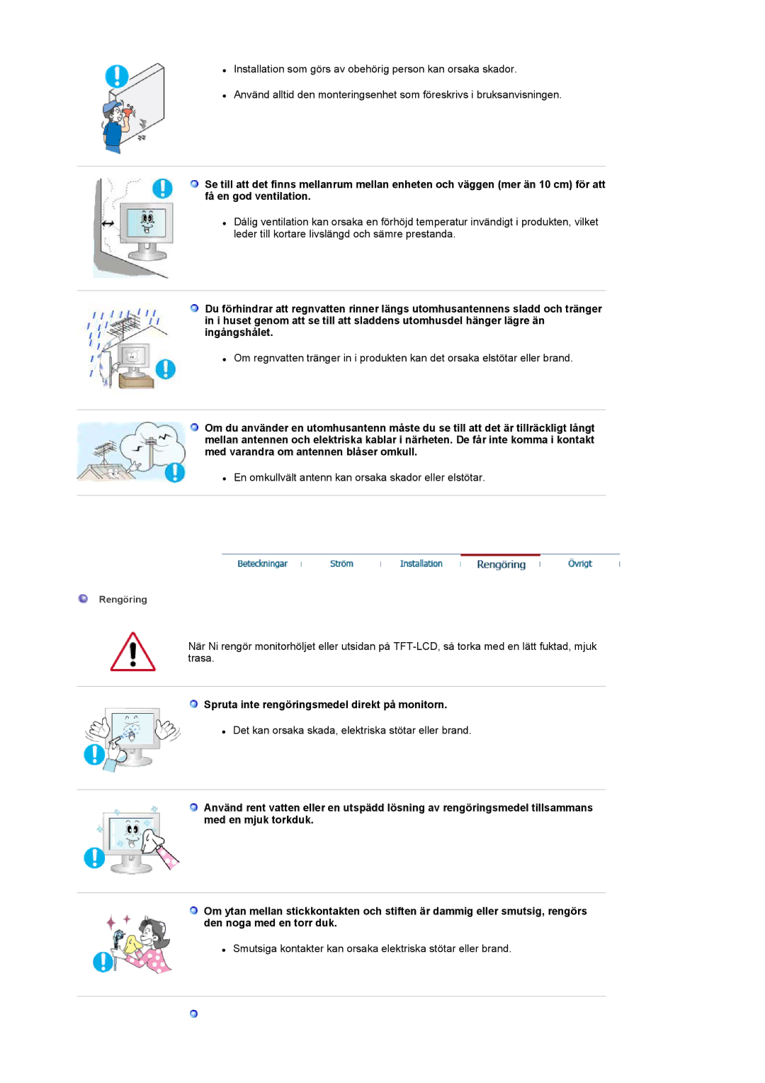 Samsung LS17MCASS/EDC manual Spruta inte rengöringsmedel direkt på monitorn 