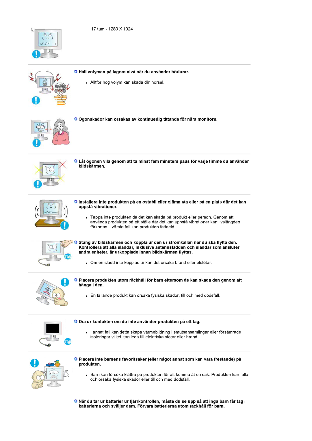 Samsung LS17MCASS/EDC manual Håll volymen på lagom nivå när du använder hörlurar 