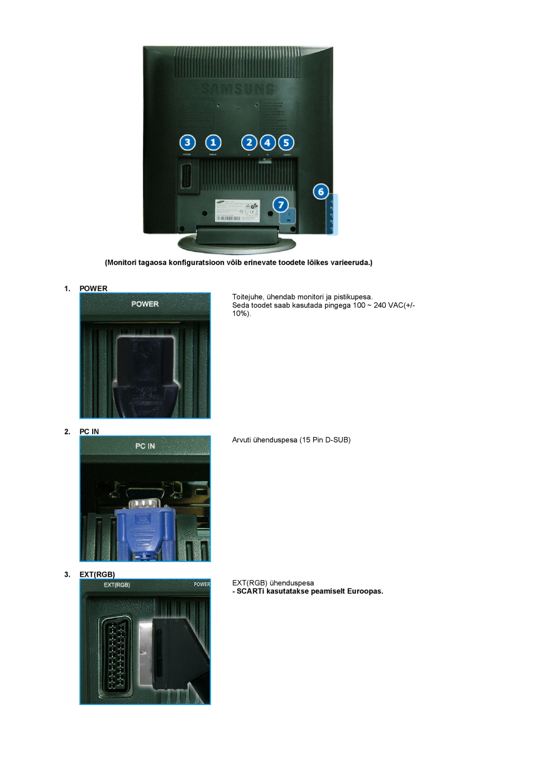 Samsung LS17MCASS/EDC manual Power, Extrgb, SCARTi kasutatakse peamiselt Euroopas 