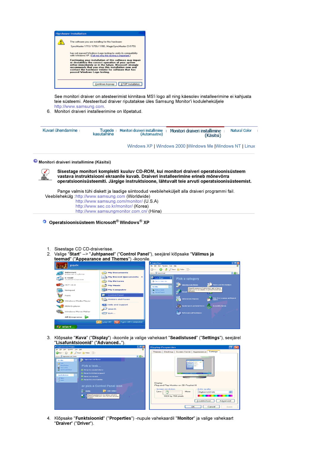 Samsung LS17MCASS/EDC manual Windows XP Windows 2000 Windows Me Windows NT Linux, Operatsioonisüsteem Microsoft Windows XP 