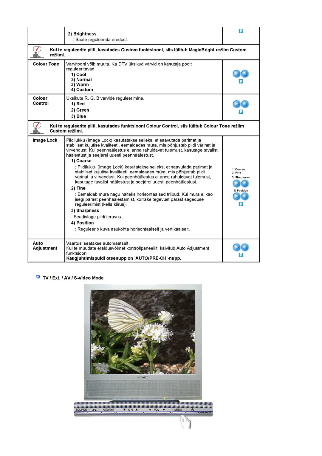 Samsung LS17MCASS/EDC manual Brightness, Reguleeritavad, Cool, Normal, Warm, Coarse, Fine, Sharpness, Position 