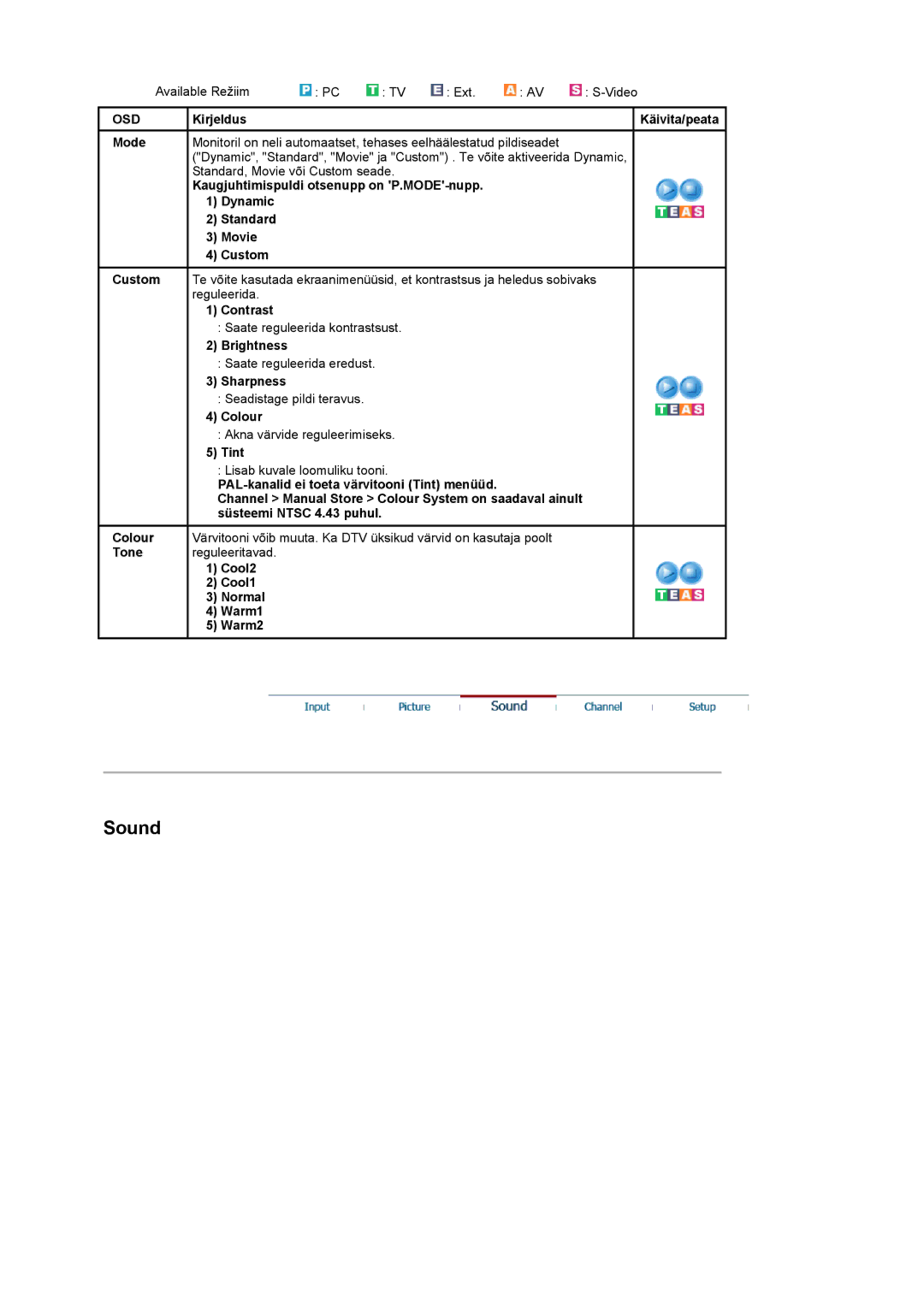 Samsung LS17MCASS/EDC manual Kirjeldus Käivita/peata Mode, Colour, Tint, Cool2 Cool1 Normal Warm1 Warm2 