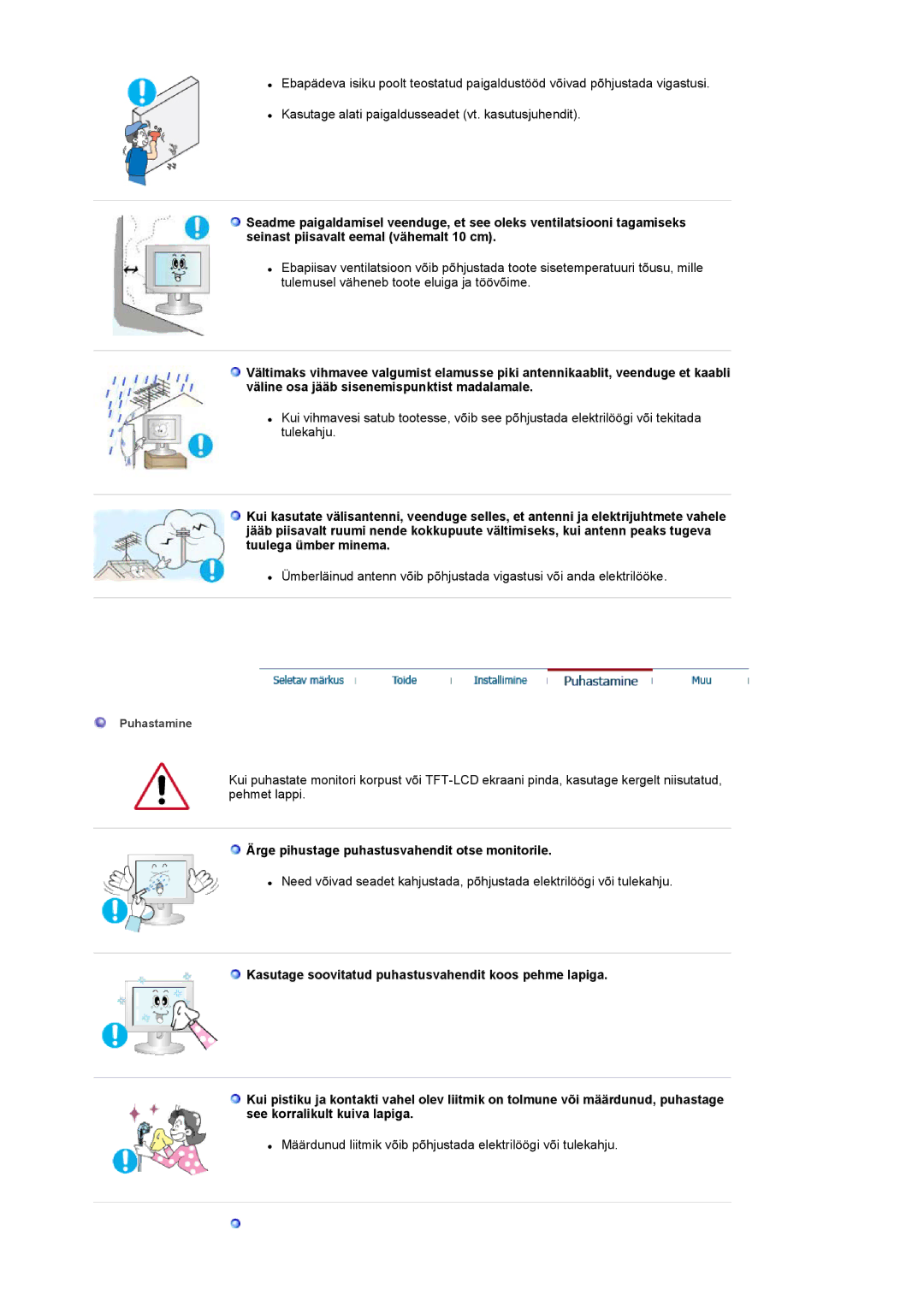 Samsung LS17MCASS/EDC manual Ärge pihustage puhastusvahendit otse monitorile 