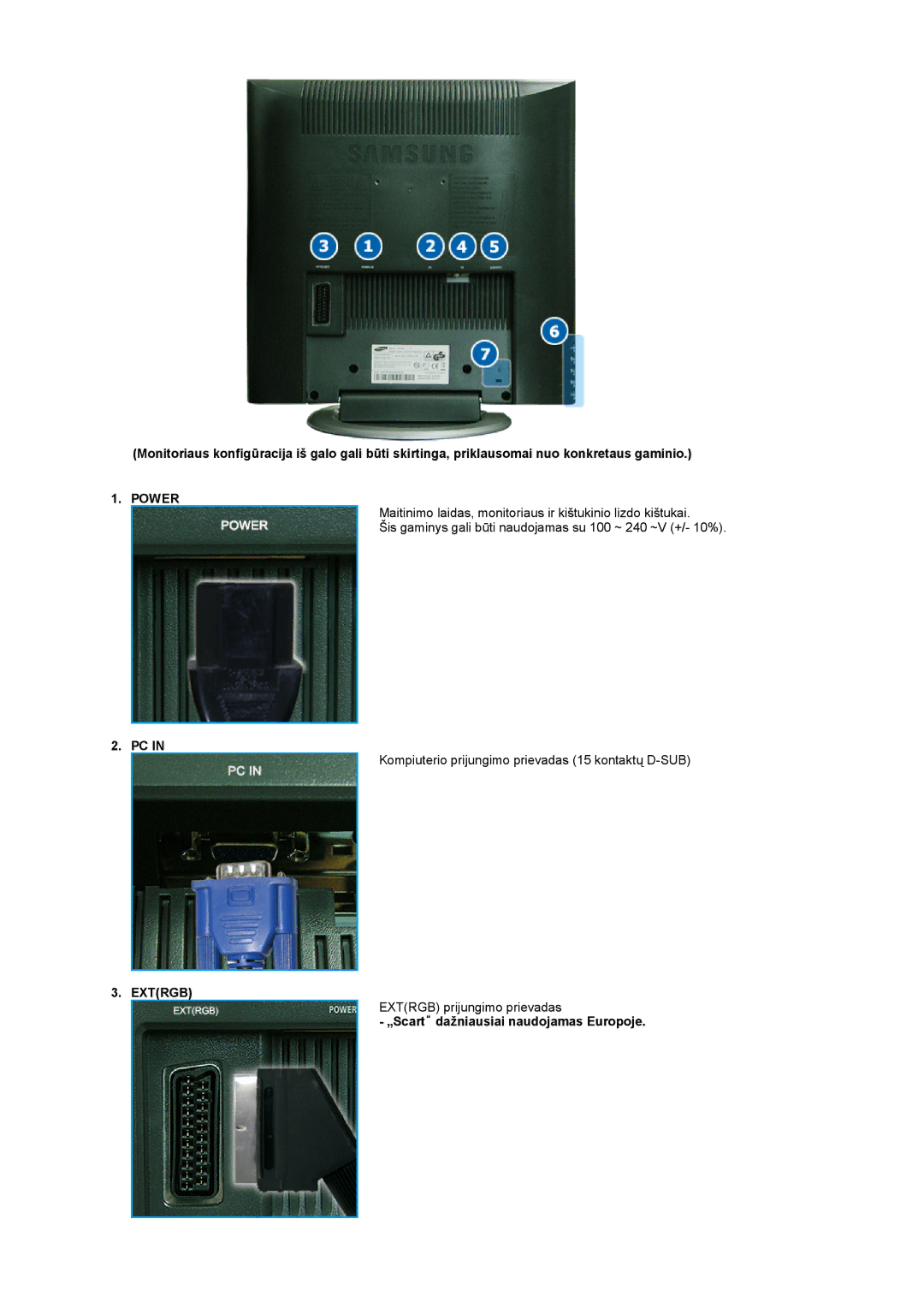 Samsung LS17MCASS/EDC manual Power, Extrgb, „Scart dažniausiai naudojamas Europoje 