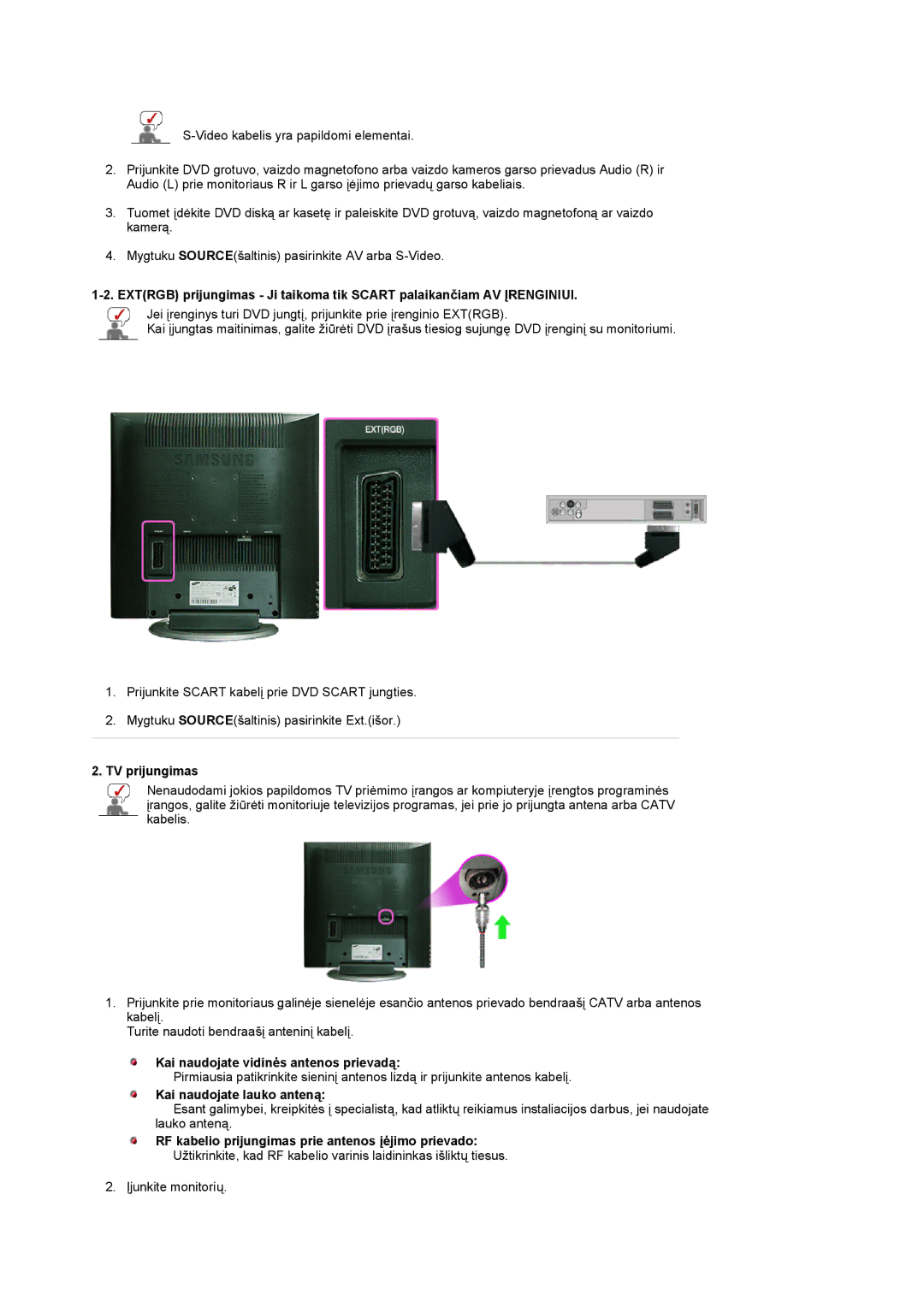 Samsung LS17MCASS/EDC manual TV prijungimas, Kai naudojate vidinės antenos prievadą, Kai naudojate lauko anteną 