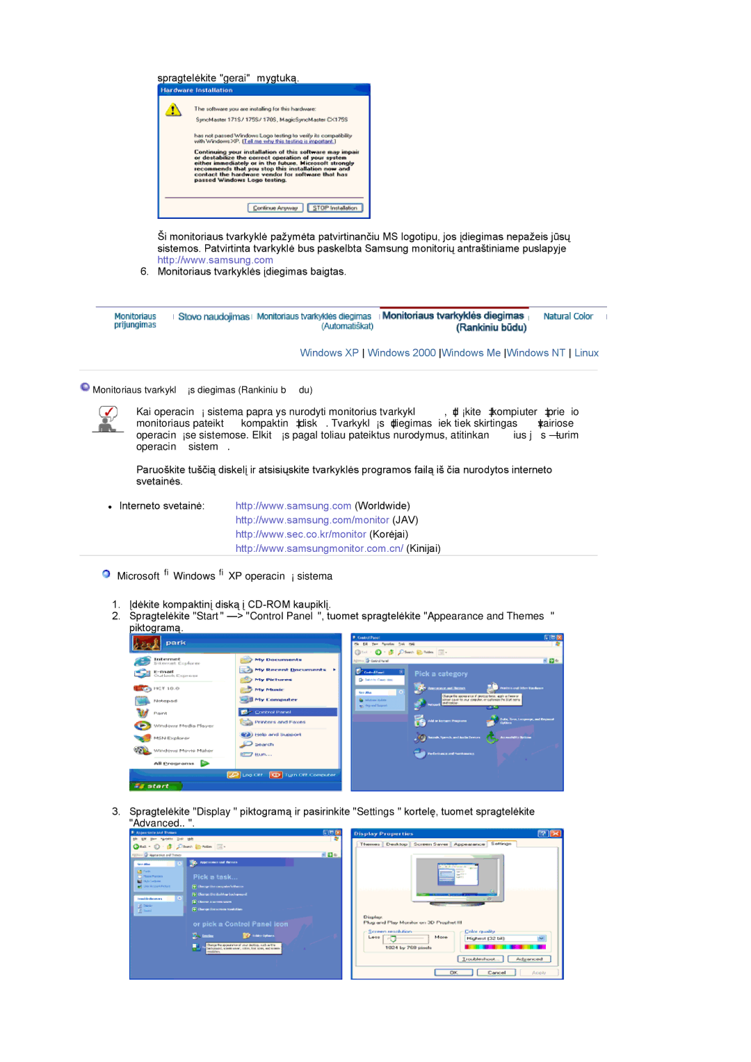 Samsung LS17MCASS/EDC manual Microsoft Windows XP operacinė sistema 