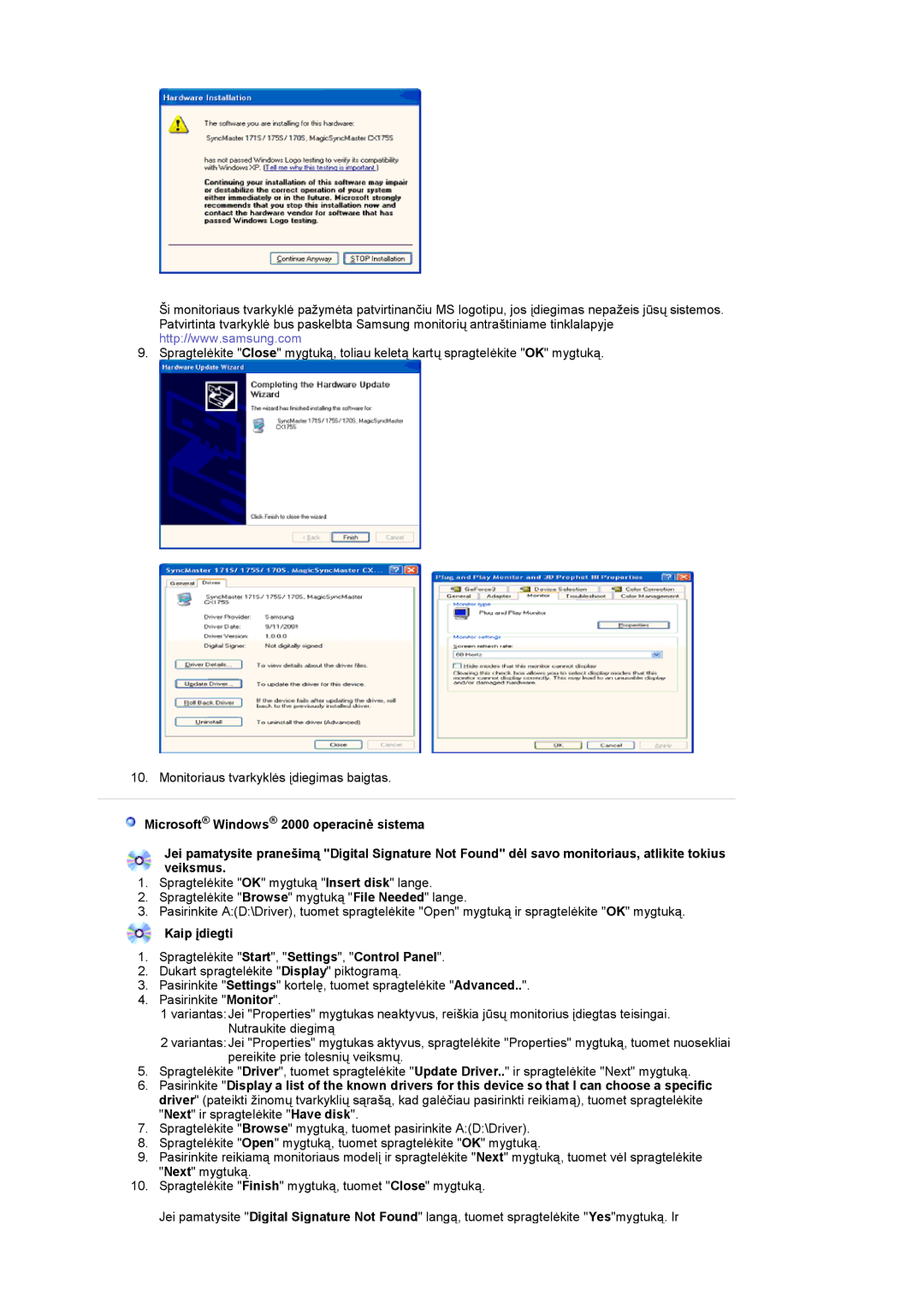 Samsung LS17MCASS/EDC manual Kaip įdiegti Spragtelėkite Start, Settings, Control Panel 