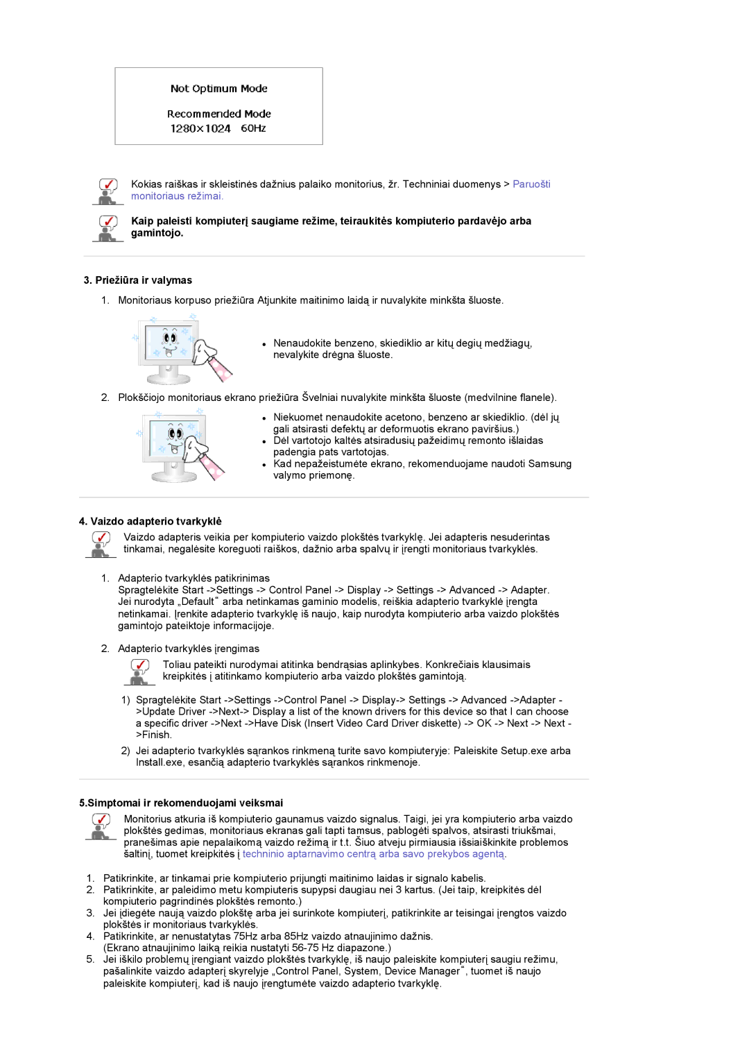 Samsung LS17MCASS/EDC manual Vaizdo adapterio tvarkyklė, Simptomai ir rekomenduojami veiksmai 